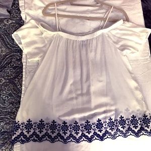 White Off-the-Shoulder Top with Blue Embroidery